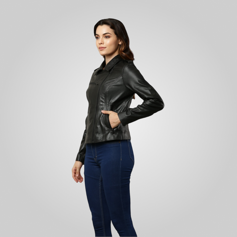 ABBEY Cropped Leather Biker Jacket
